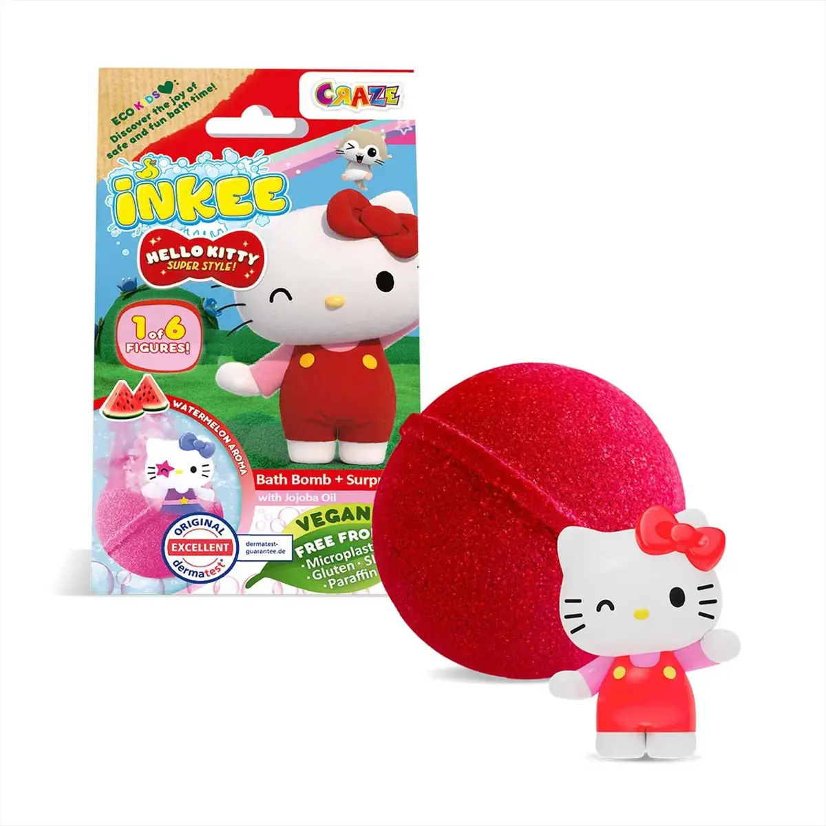 Craze Inkee vegán fürdőgolyó csomag Hello Kitty figurával, dinnye aromával